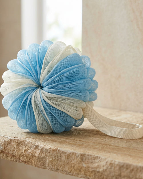 Xkdwp Spiral Mesh Ribbon Bath Pouf Sky Ivory - Lifestyle view